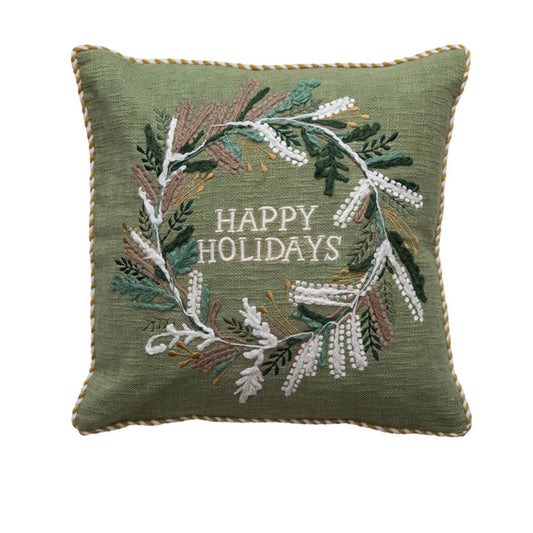 HAPPY HOLIDAYS 18" EMBROIDERED PILLOW