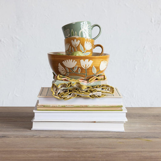 HAND PAINTED MUSTARD FLORAL STONEWARE BOWL