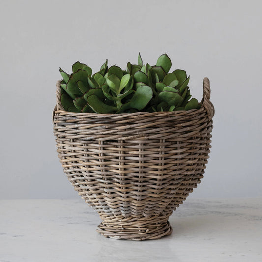 HAND WOVEN RATTAN FOOTED BASKET WITH HANDLES