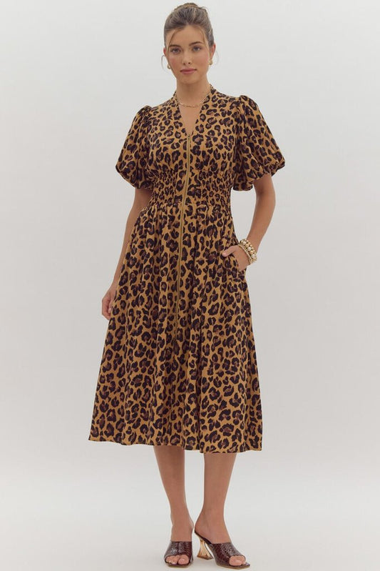 KAYLA CAMEL LEOPARD PRINT MIDI DRESS