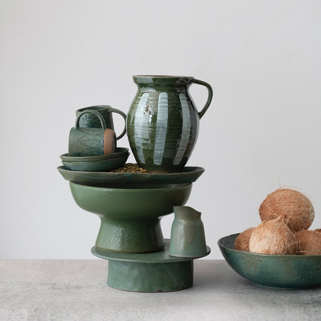 GREEN STONEWARE PEDESTAL