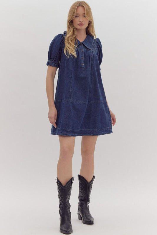 DAPHNE DARK DENIM PUFF SLEEVE MINI DRESS