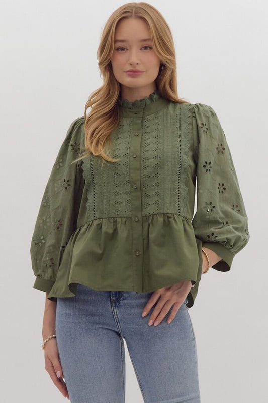 MAGGIE OLIVE EYELET RUFFLE TOP