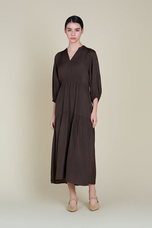 ARIELLE DARK ROAST SATIN MIDI DRESS