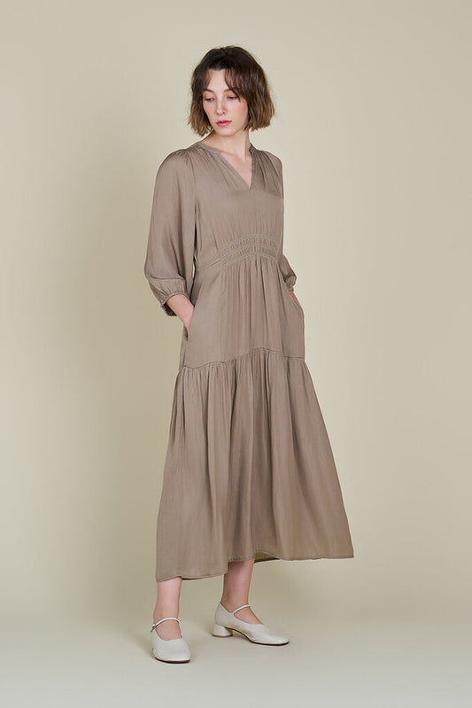 ARIELLE DESERT TAUPE SATIN MIDI DRESS