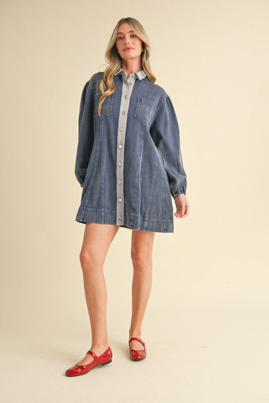 ANNIE TWO TONE WASHED DENIM MINI DRESS