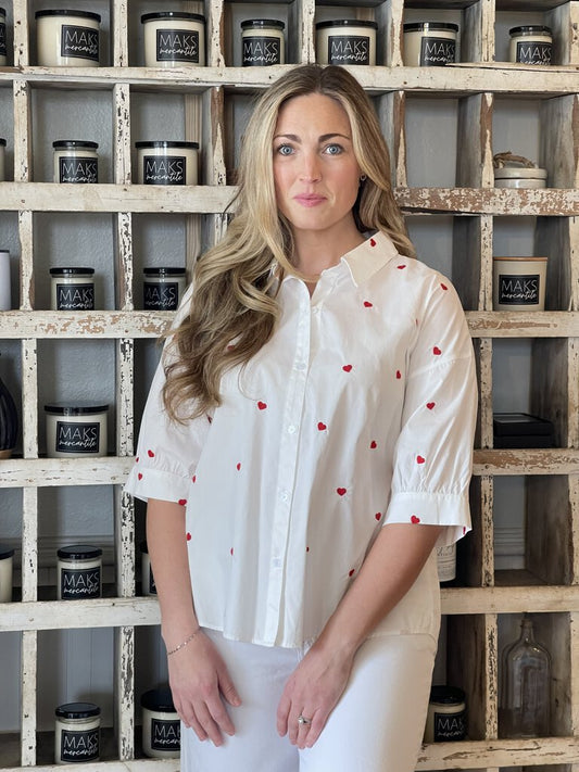 AMELIA HEART EMBROIDERED BUTTON DOWN SHIRT