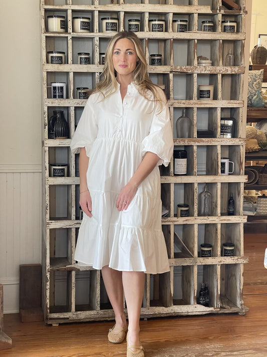 AVERY WHITE POPLIN TIERED MIDI DRESS