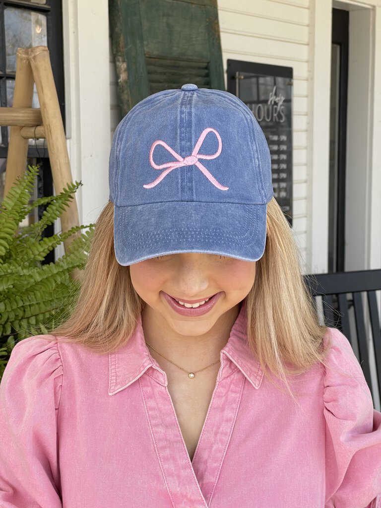 BLUE DENIM BOW EMBRIDERED CAP