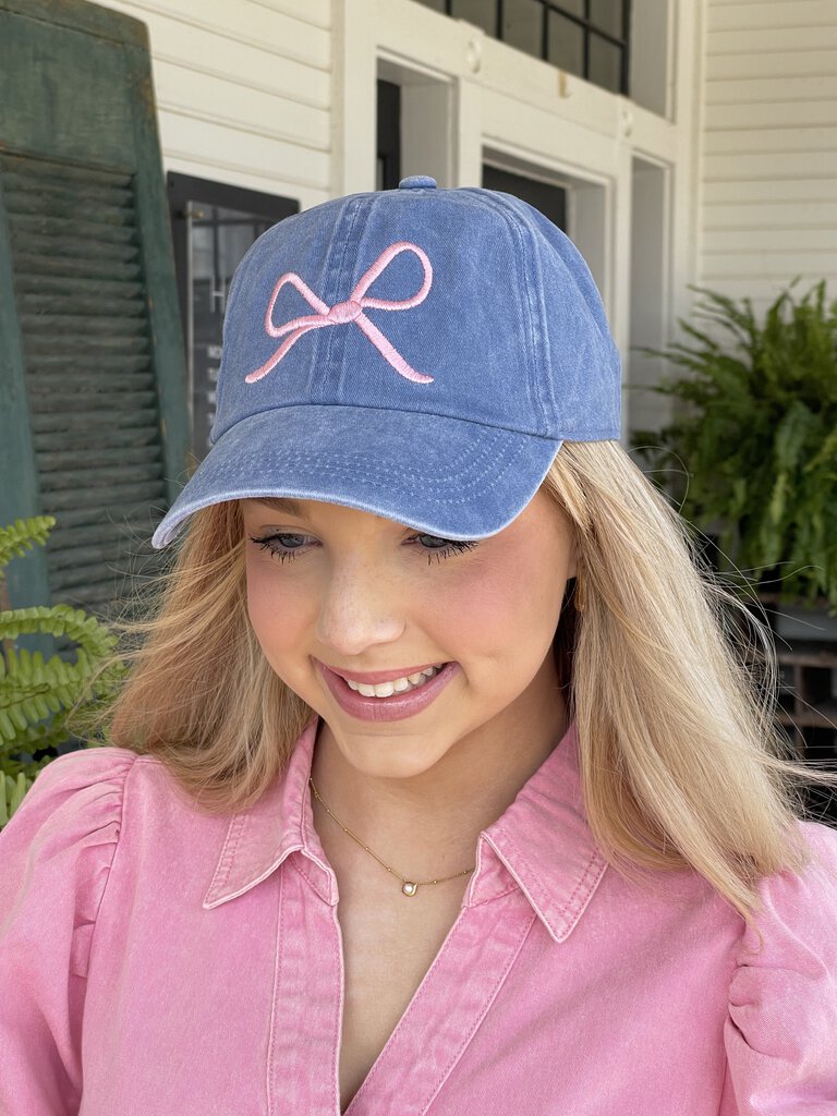 BLUE DENIM BOW EMBRIDERED CAP