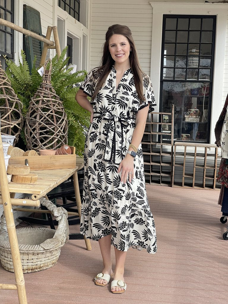 BEATRICE BLACK & CREAM PRINT BELTED DRESS