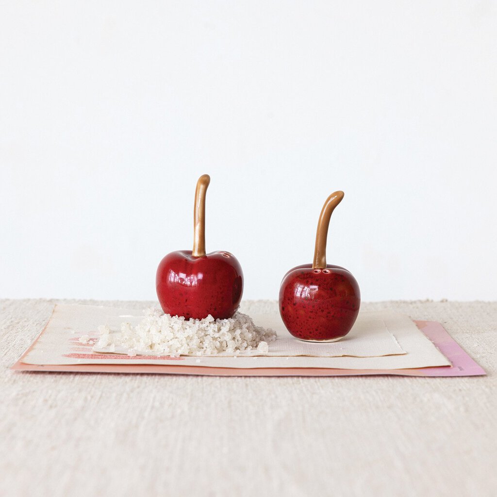 STONEWARE CHERRY SALT & PEPPER SHAKERS