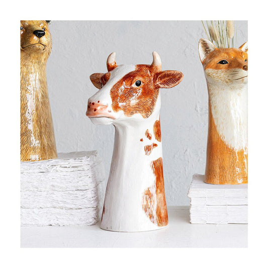 HANDPAINTED STONEWARE COW VASE