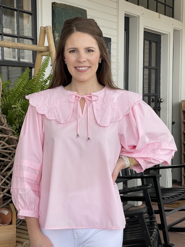 LUCCA PINK EMBROIDERED COLLAR TOP