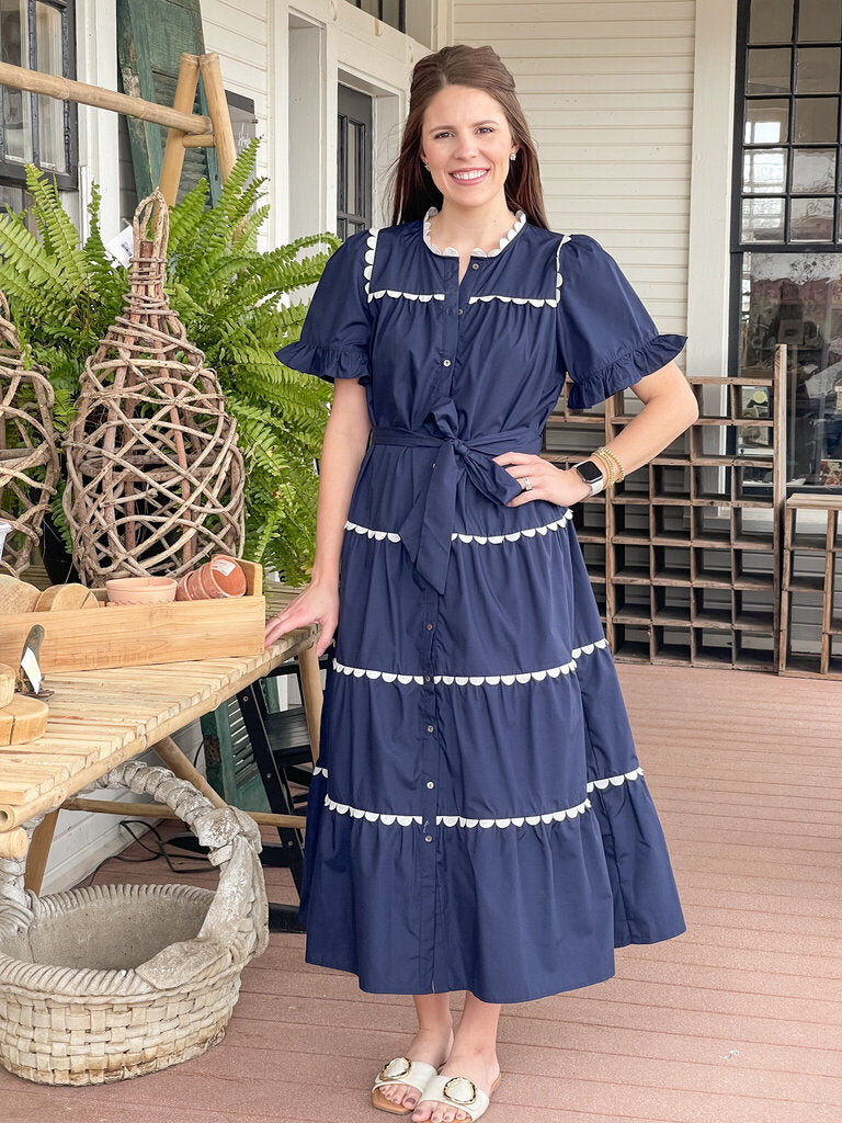 AGNES NAVY SCALLOPED TRIM MIDI DRESS