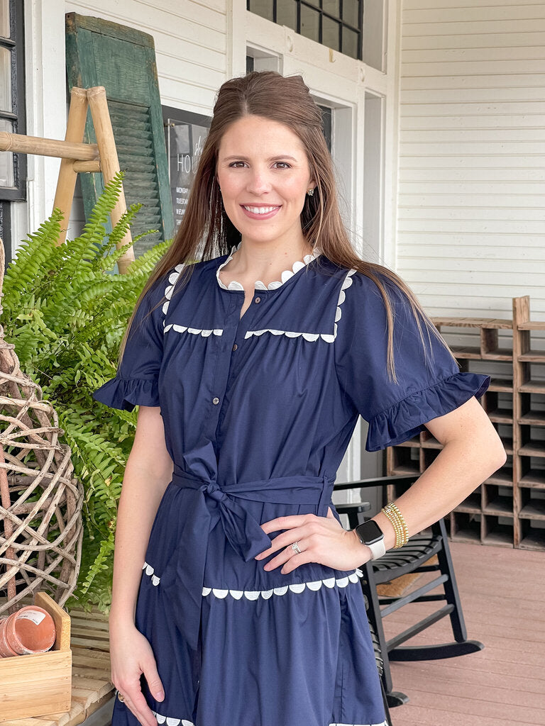 AGNES NAVY SCALLOPED TRIM MIDI DRESS