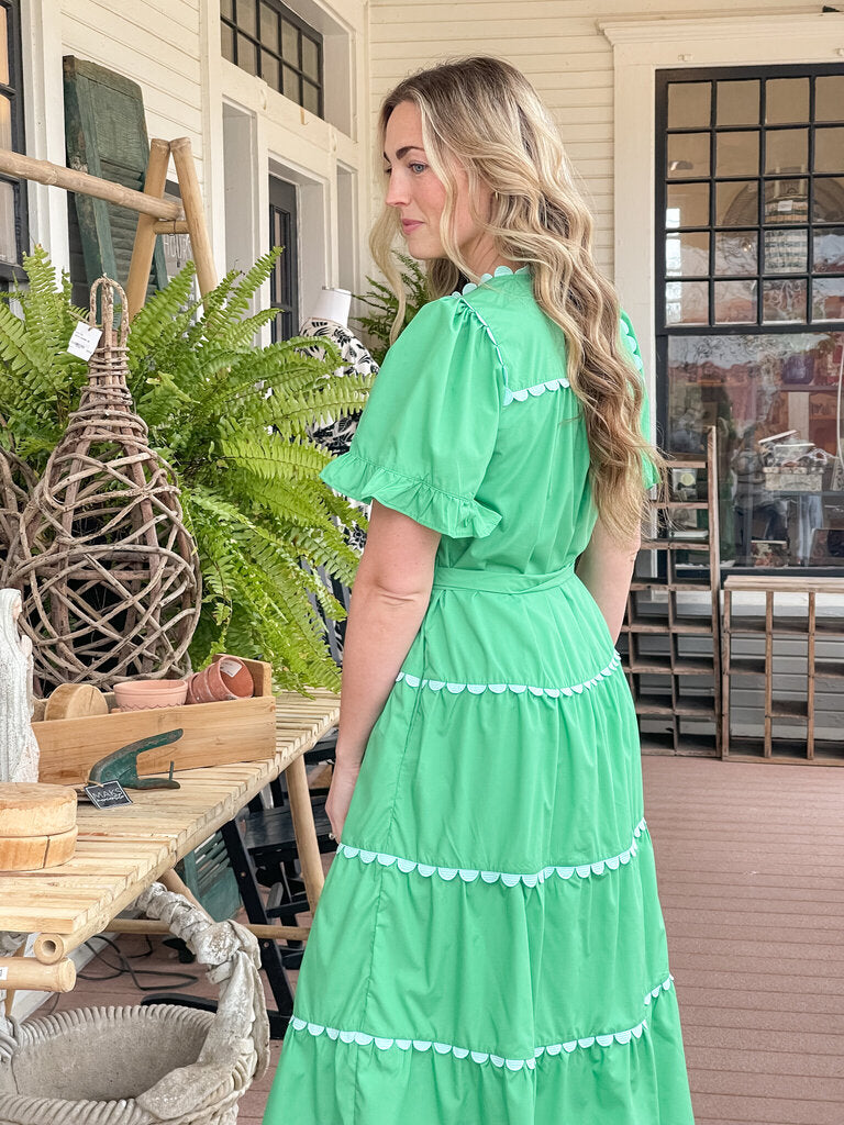 AGNES GREEN SCALLOPED TRIM MIDI DRESS