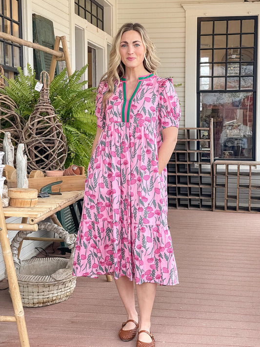 KINSLEY PINK & GREEN FLORAL MIDI DRESS