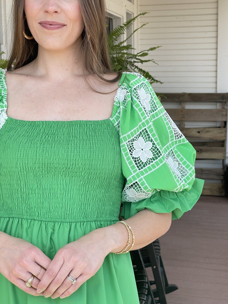 CADDIE GREEN SMOCKED MIDI DRESS