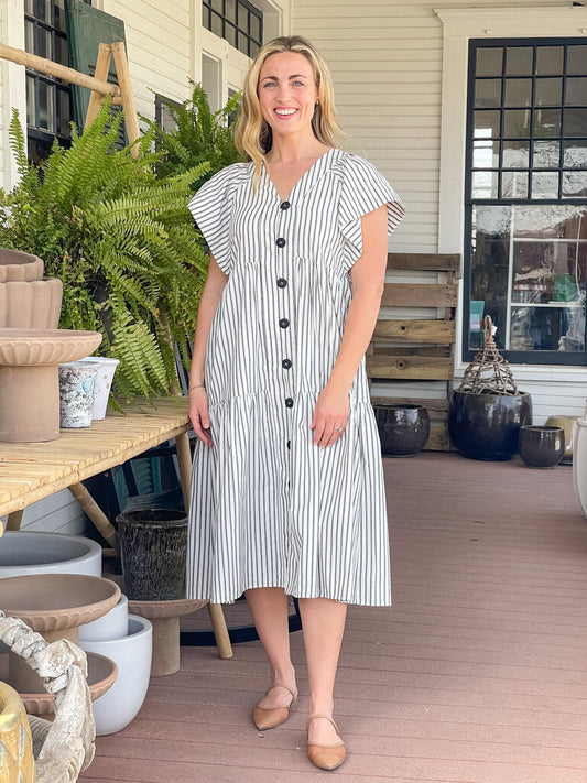 PRISCILLA CREAM & BLACK STRIPED MIDI DRESS