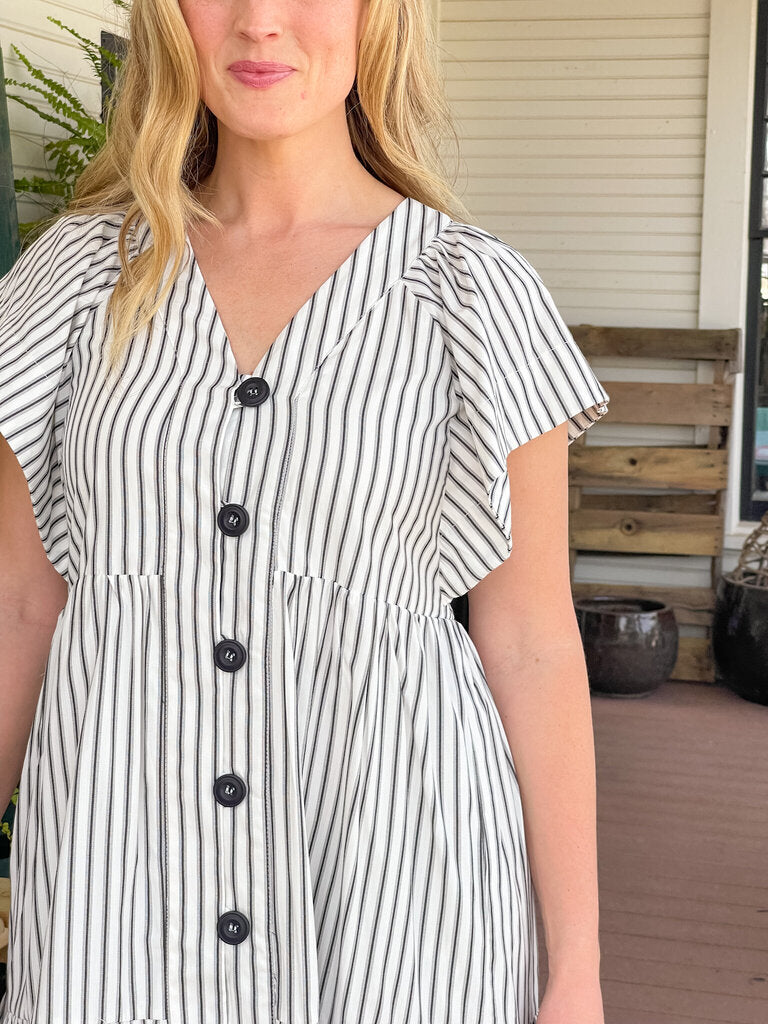 PRISCILLA CREAM & BLACK STRIPED MIDI DRESS