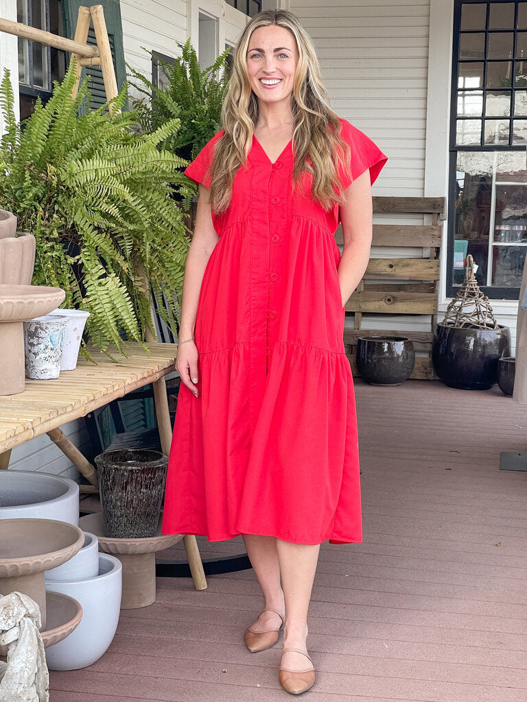 HAYDEN RED FLUTTER SLEEVE MIDI DRESS