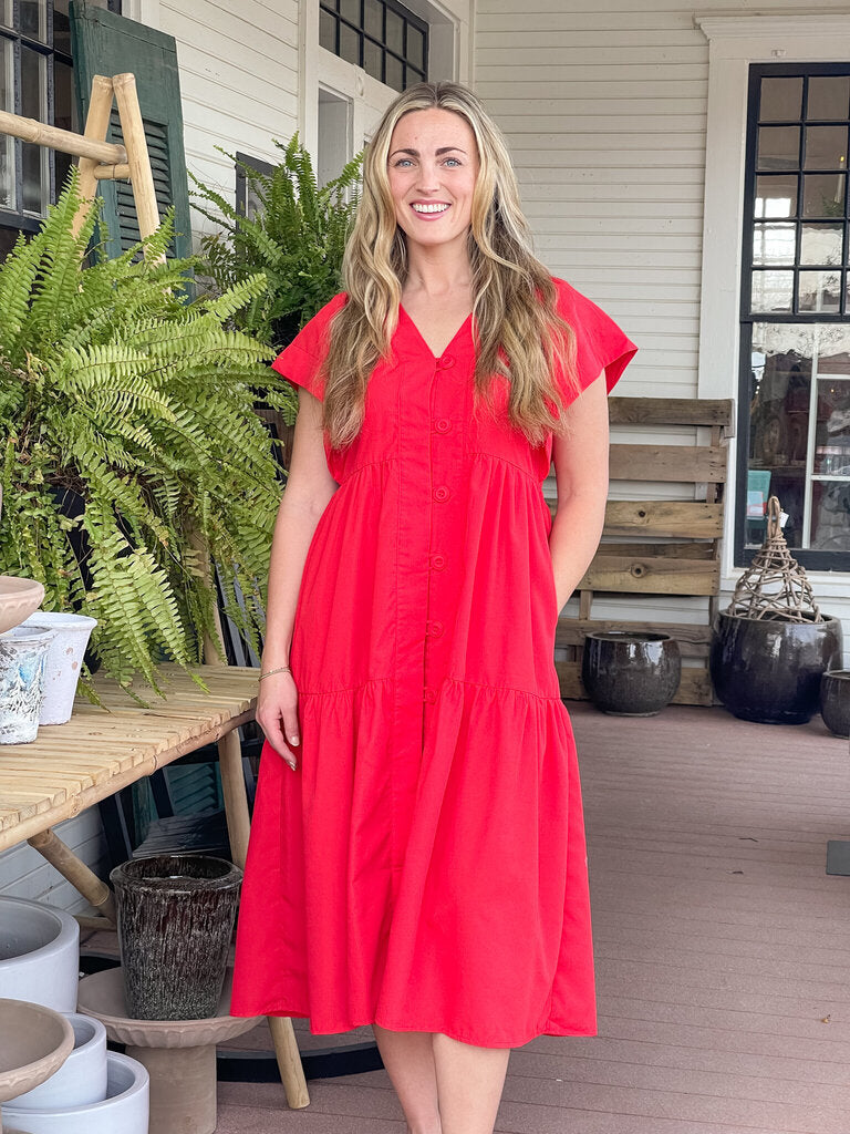 HAYDEN RED FLUTTER SLEEVE MIDI DRESS