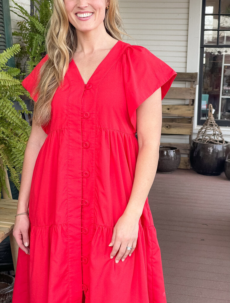 HAYDEN RED FLUTTER SLEEVE MIDI DRESS